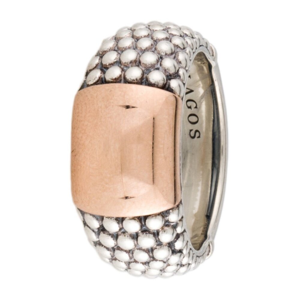 LAGOS TWO-TONE 18K ROSE GOLD & STERLING SILVER CAVIAR HIGH BAR RING - Picture 6 of 9